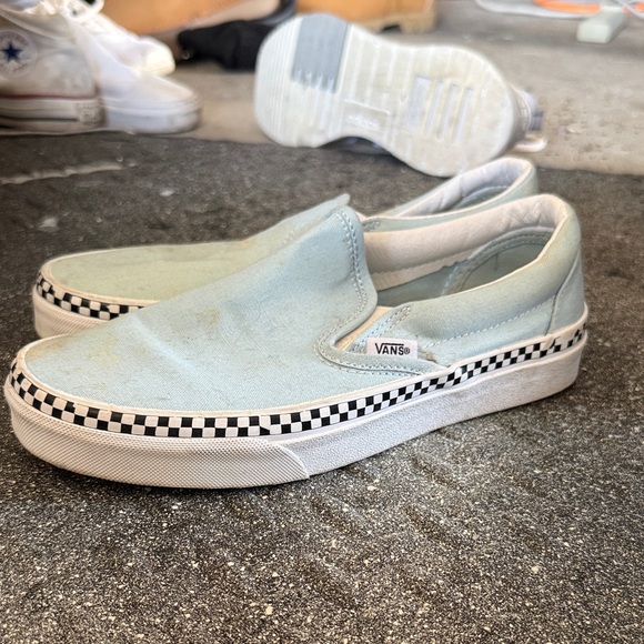 Vans Shoes - Vans Light Blue Canvas Slip-On Sneakers with Black-and-White Checker Trim